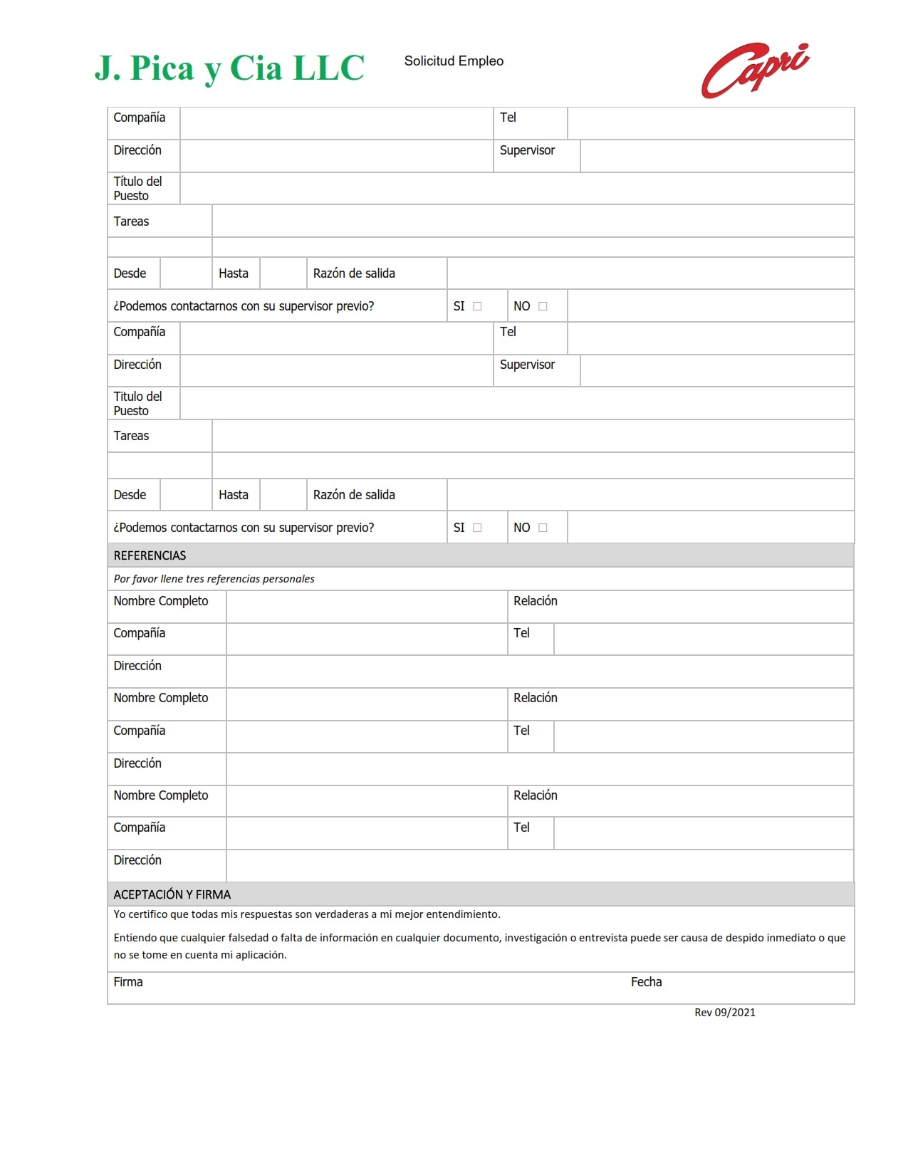 Solicitud de Empleo Tiendas Capri